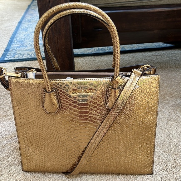 Michael Kors Handbags - MICHAEL KORS gold metallic embossed satchel with crossbody strap